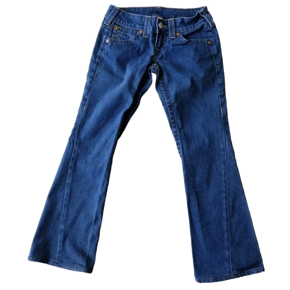True Religion Womens Joey Jeans Sz 26 Dark Blue Wide Leg Flare Denim Inseam 27.5